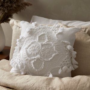 NWT Boho White Embroderied Cushion with Frillys